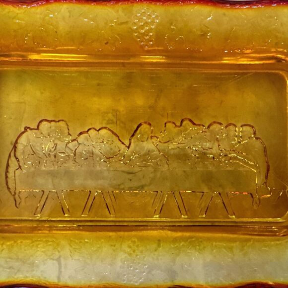 Vintage Tiara Glass Bread Plate Tray The Last Supper Christian Religious Amber - Picture 2 of 4